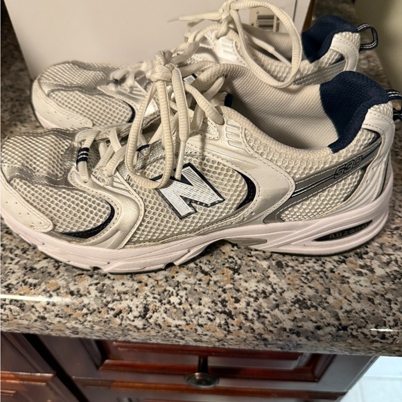New Balance White and Navy Athletic Shoes - Picture 1 of 5